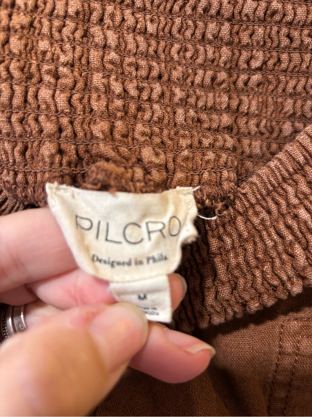 Anthropologie Pilcro Reese Smocked Linen Barrel Pants Medium Brown Boho Size M - Picture 5 of 8